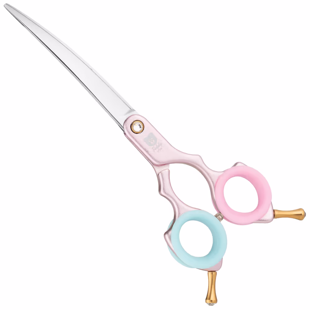 Blovi Teddy Line Pink Asian Style Schere 6,5" – ultraleichte gebogene Schere, Aluminiumgriff