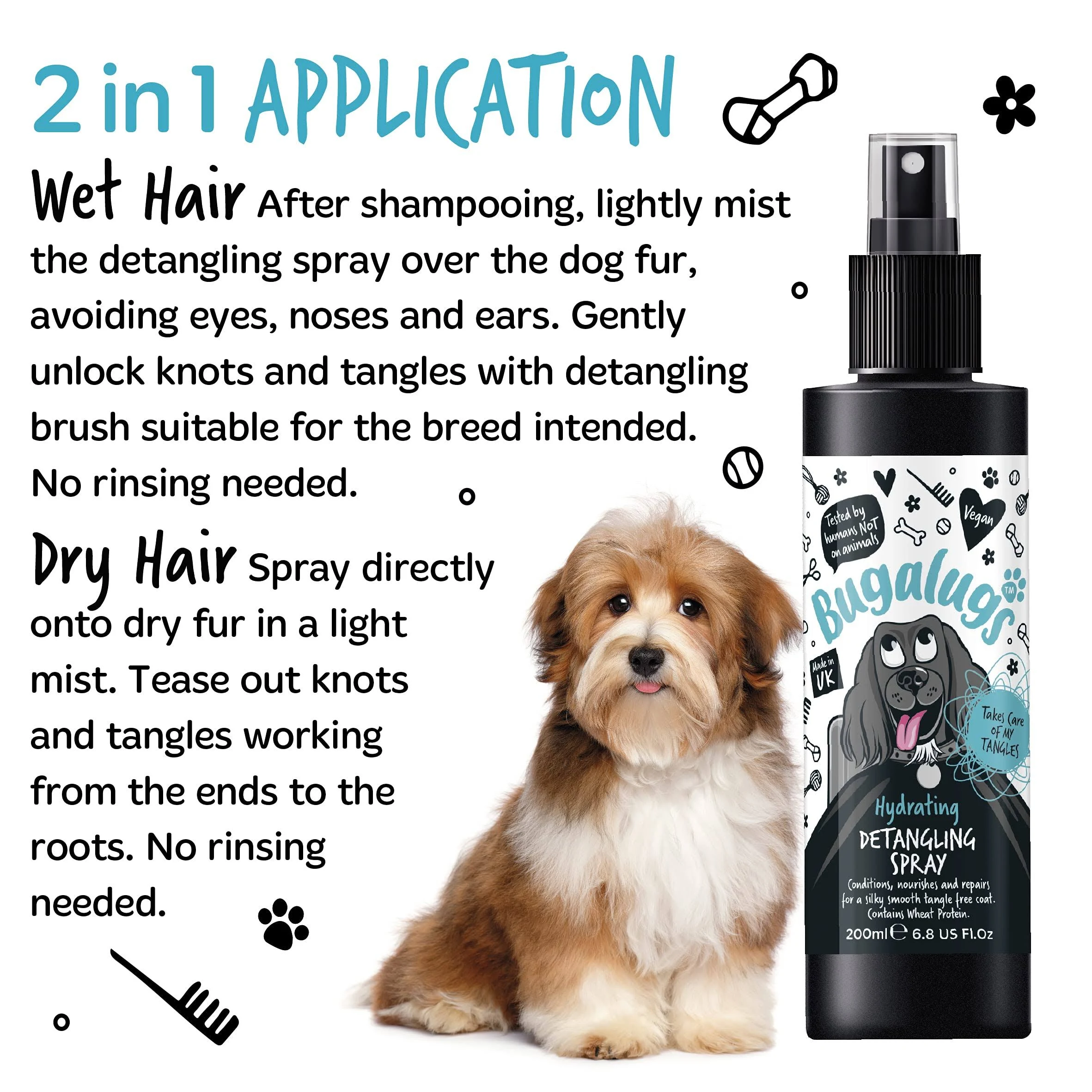 Bugalugs Hydrating Detangling Spray – leichte Pflegespülung für Hunde, die Feuchtigkeit spendet und das Kämmen erleichtert 250 ml